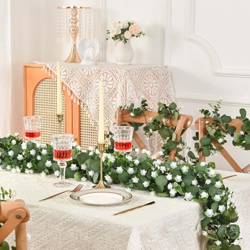 2 Packs 12 FT Artificial Eucalyptus Garland with Boxwood Flowers U35975