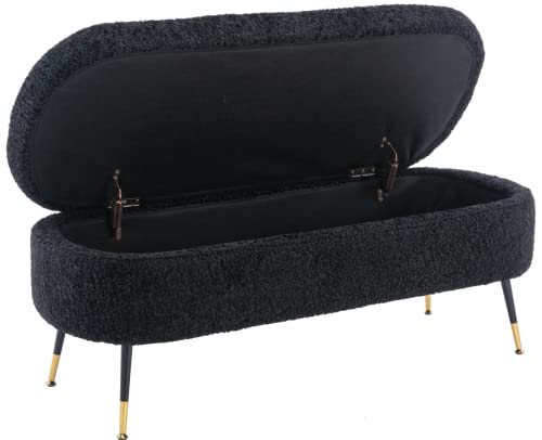 Black Sherpa Storage Ottoman Bench with Metal Legs G144