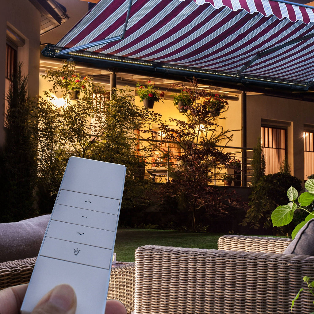 Motorized 10 x 8 ft. Retractable Awning Grey & White Stripes W626