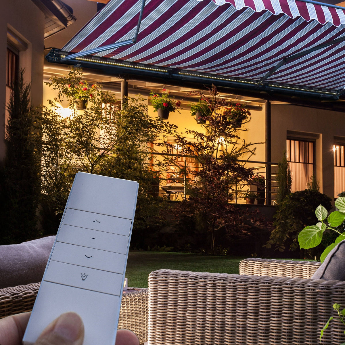 Motorized 10 x 8 ft. Retractable Awning Grey & White Stripes W626