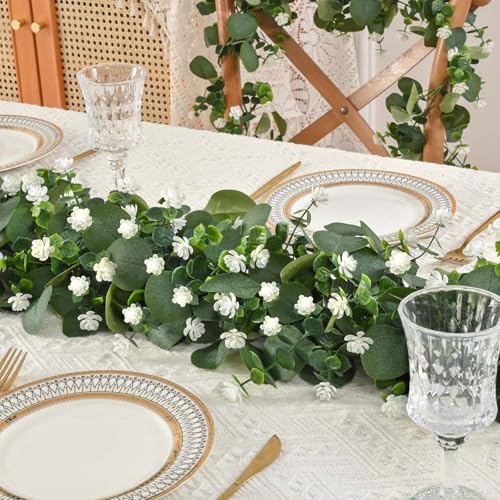 2 Packs 12 FT Artificial Eucalyptus Garland with Boxwood Flowers U35975