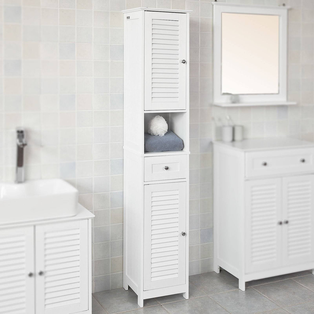 White Tall Bathroom Storage Cabinet with Shelves and Drawers N562082