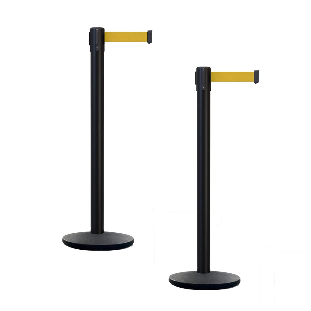 Set of 2 Retractable Belt Barrier Stanchion, Cast Iron Base Yellow Post M394