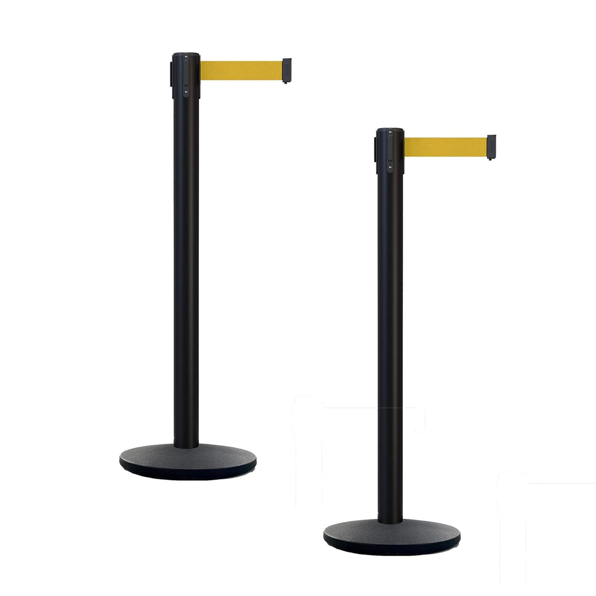 Set of 2 Retractable Belt Barrier Stanchion, Cast Iron Base Yellow Post M394