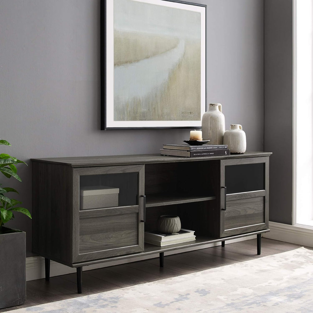 Rustic Oak 58 Inch Wood and Glass TV Stand T6212