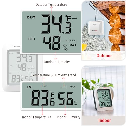 Digital Hygrometer Indoor Outdoor Thermometer Wireless Temperature and Humidity Gauge Monitor with 500ft Range T369
