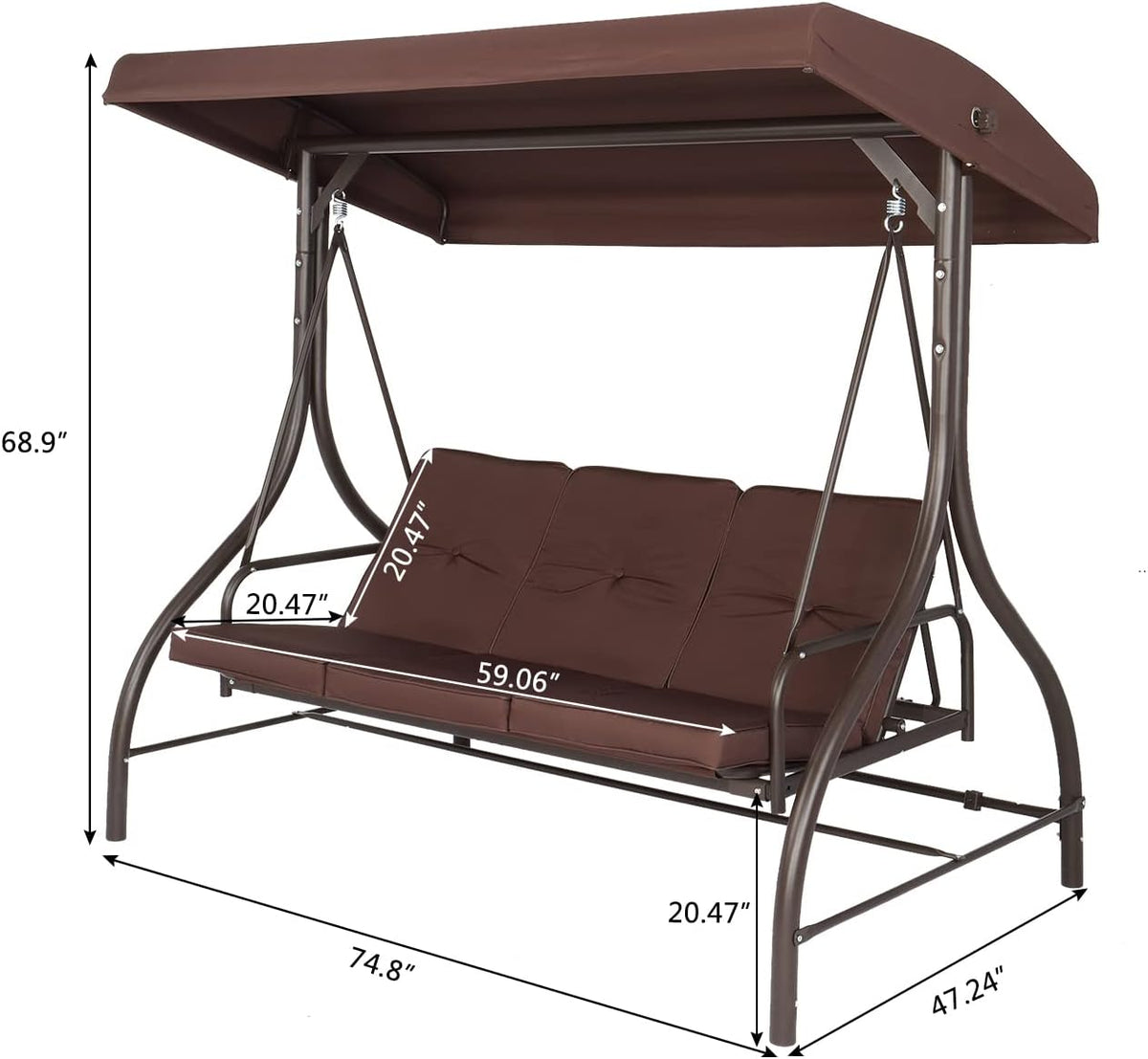 Steel Swing with Cushion and Canopy, 3-Seater Brown, 74.8''*47.24''*68.9'' O9383
