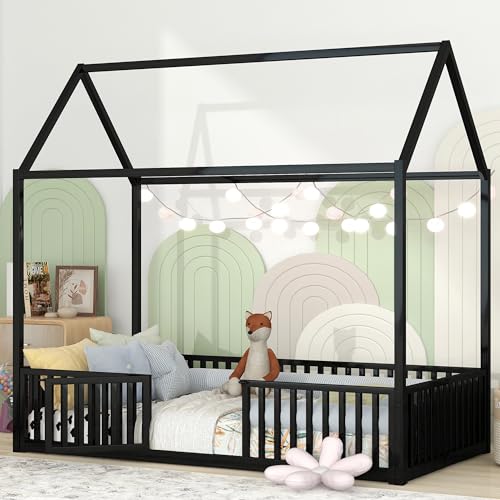 Full Floor Bed with Door and Fence, Metal Montessori Bed Full Size, White F9926