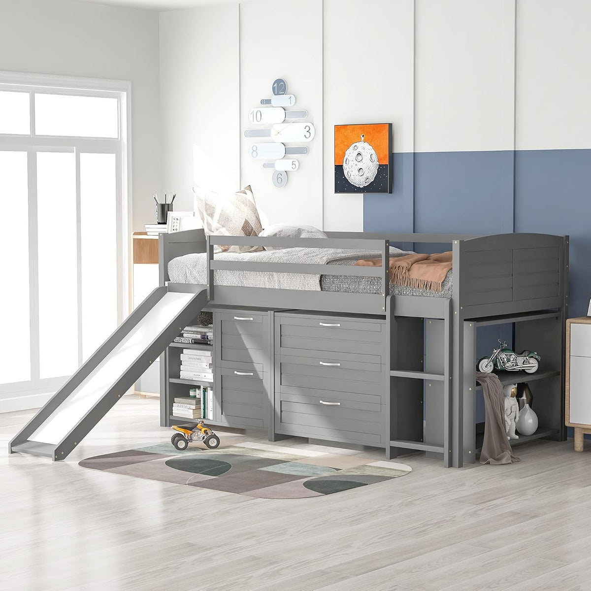 Twin Loft Bed with Slide, Ladder and Guardrail J7512