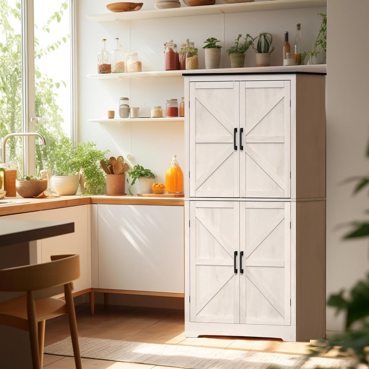 Grey Freestanding Kitchen Pantry Cabinet with 4 Doors and Shelves M878787