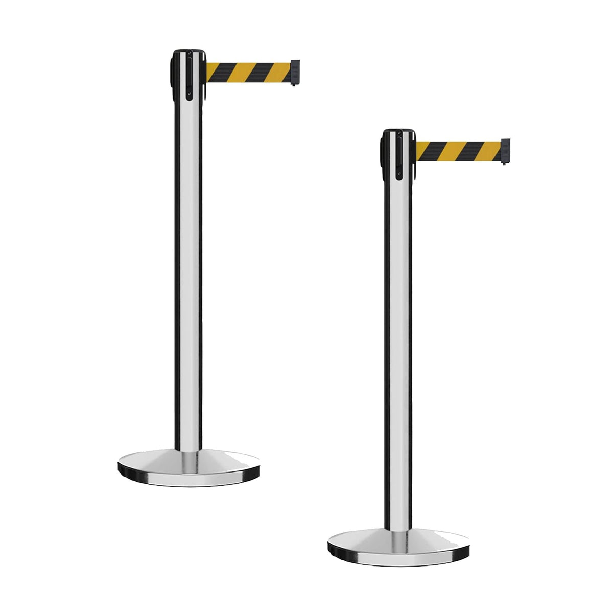 Set of 2 Retractable Belt Barrier Stanchion, Cast Iron Base Yellow Post M394