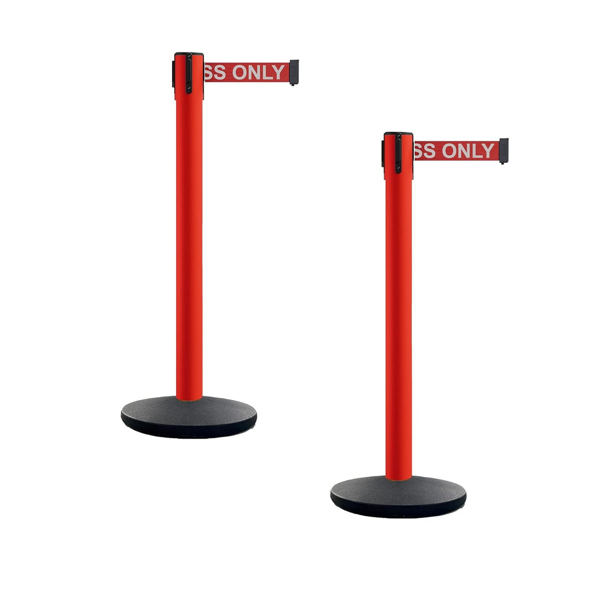 Set of 2 Retractable Belt Barrier Stanchion, Cast Iron Base Yellow Post M394