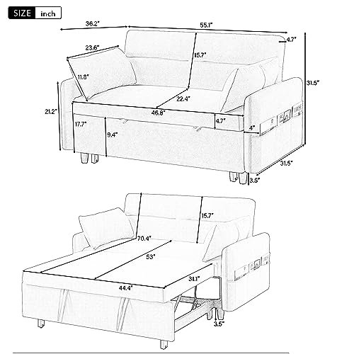 Gray 3 in 1 Convertible Sleeper Sofa Futon Couch Pullout Bed with Storage Pockets B5743