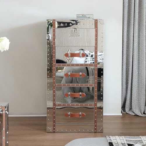 5 Drawers Tall Dresser with Flip Top Mirror Metal Clad Antique Chest I255028