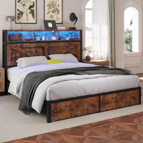 Rustic Brown Full Bed Frame with Bookcase Headboard and Storage Drawers Y2739