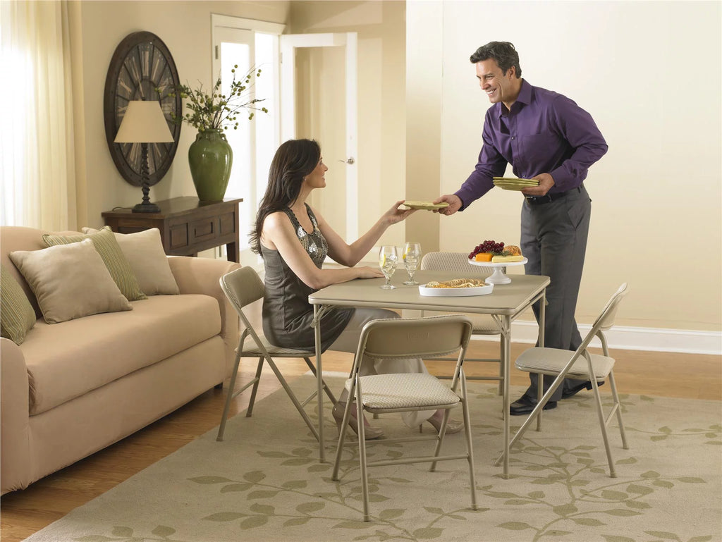 5-Piece Folding Dining Set with Card Table and 4 Fabric Padded Chairs Tan W361933