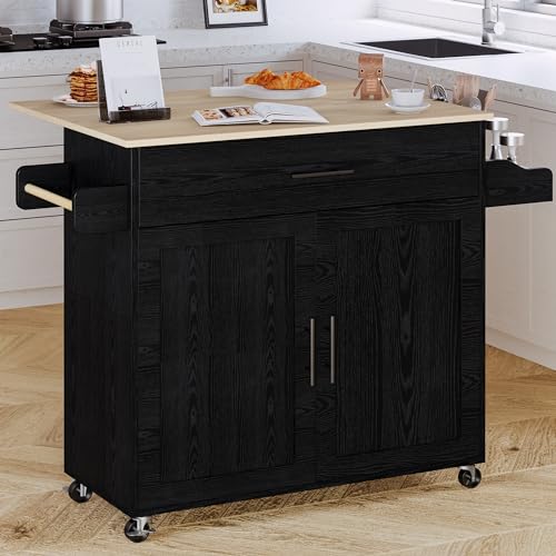 Black Rolling Kitchen Island with Storage and Drop Leaf B988