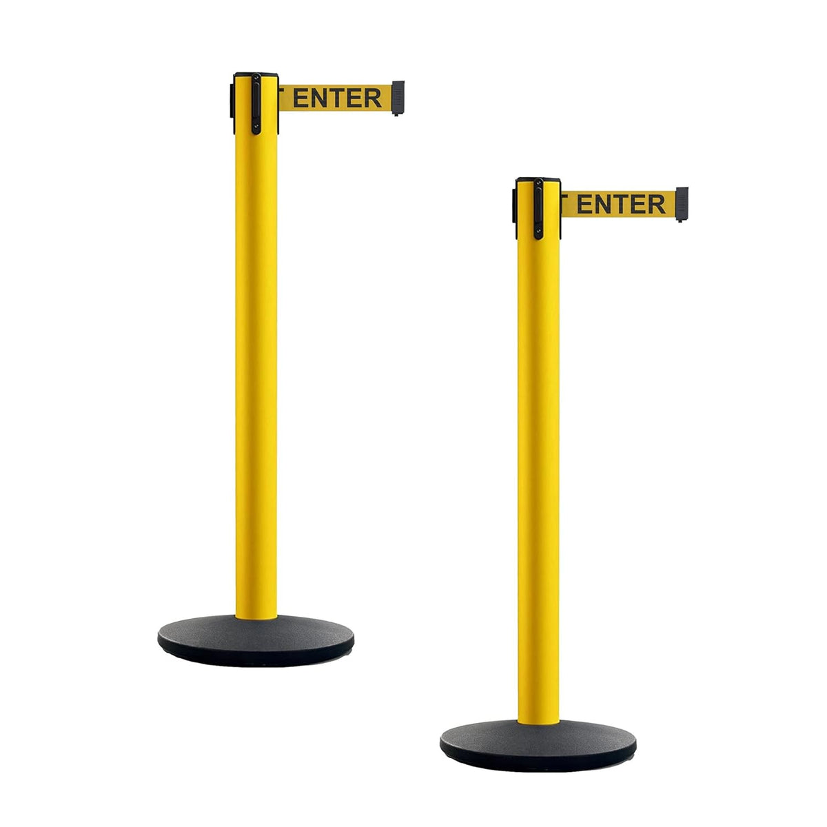 Set of 2 Retractable Belt Barrier Stanchion, Cast Iron Base Yellow Post M394