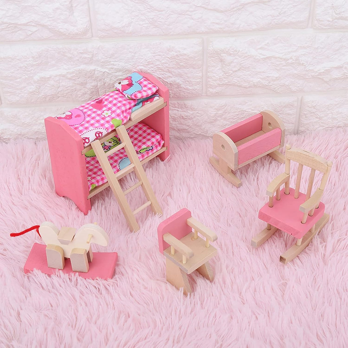 6 Different Rooms Wooden Dollhouse Furniture with Cushion and Towel J9705