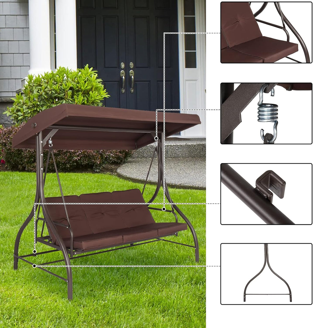 Steel Swing with Cushion and Canopy, 3-Seater Brown, 74.8''*47.24''*68.9'' O9383