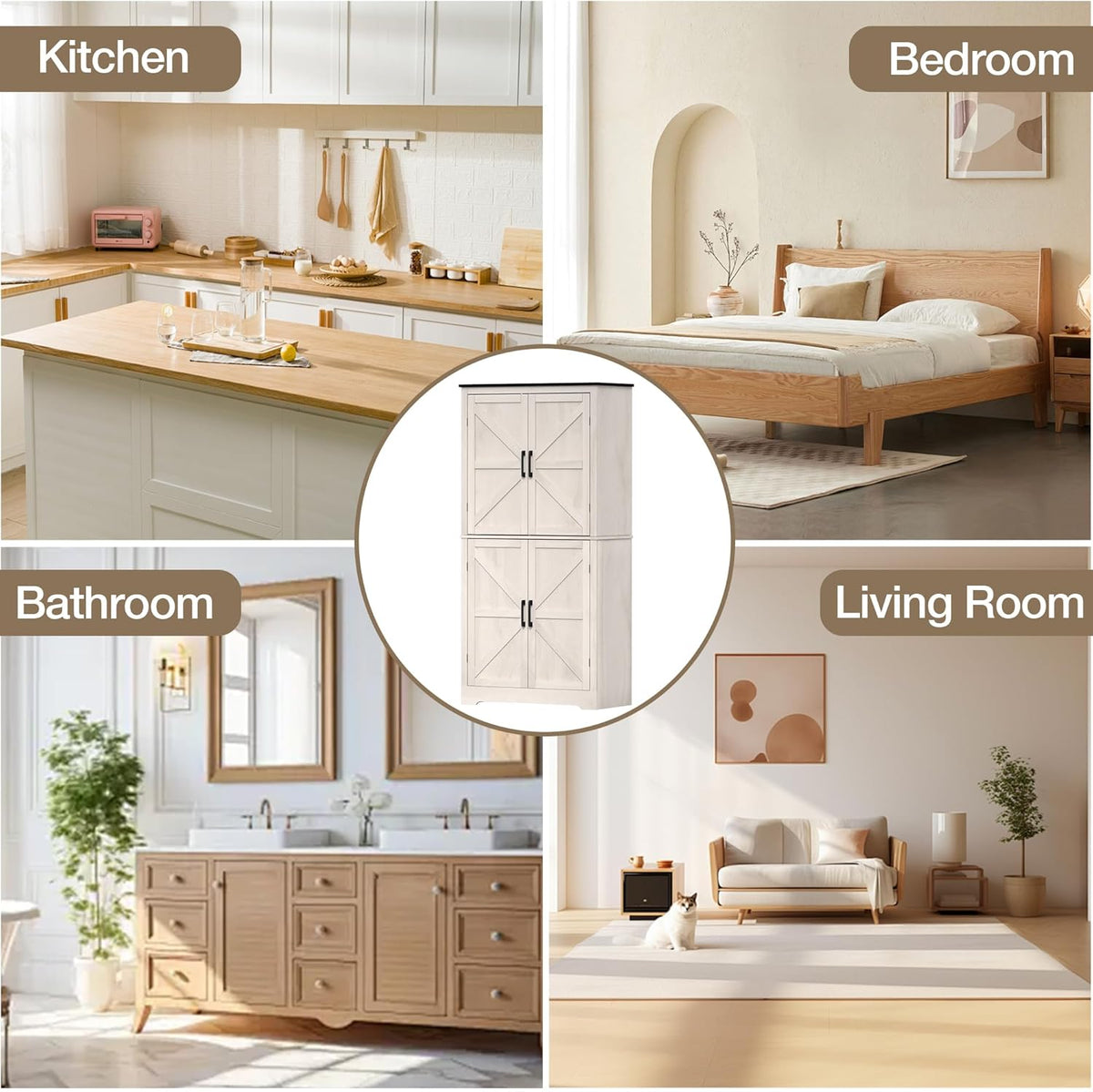 Grey Freestanding Kitchen Pantry Cabinet with 4 Doors and Shelves M878787