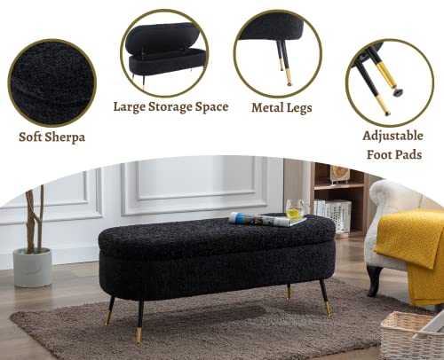 Black Sherpa Storage Ottoman Bench with Metal Legs G144