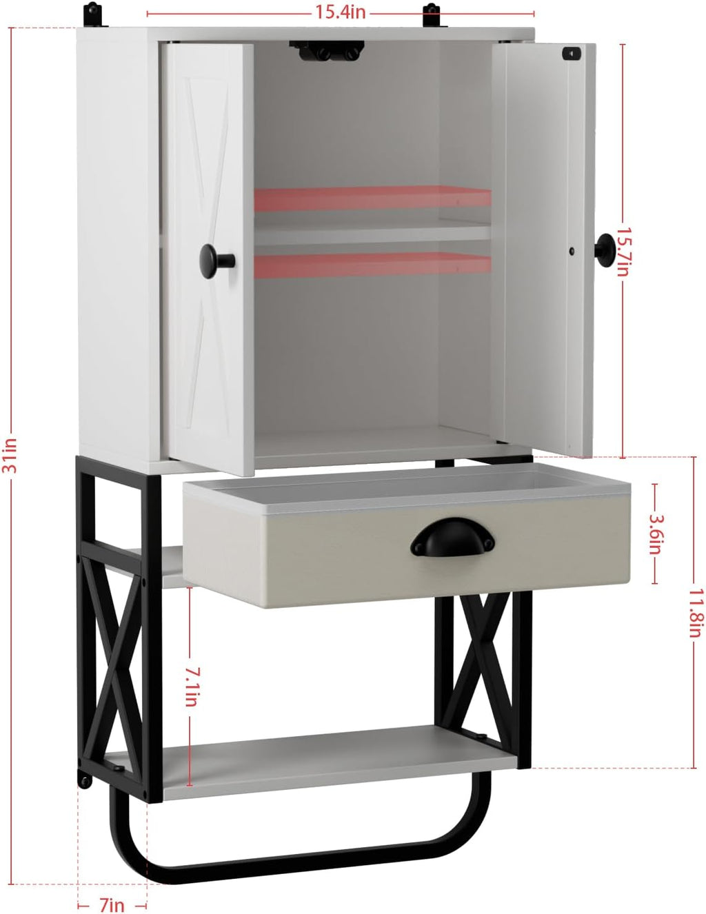 White 3-Tier Wooden Wall Cabinet with 2 Door and Adjustable Shelf F34729
