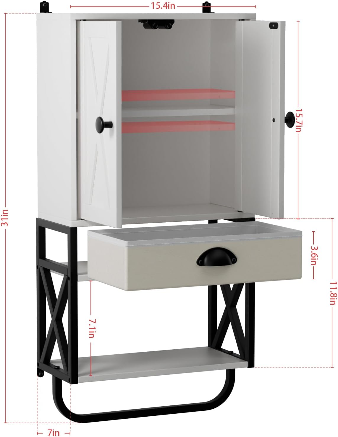 White 3-Tier Wooden Wall Cabinet with 2 Door and Adjustable Shelf F34729