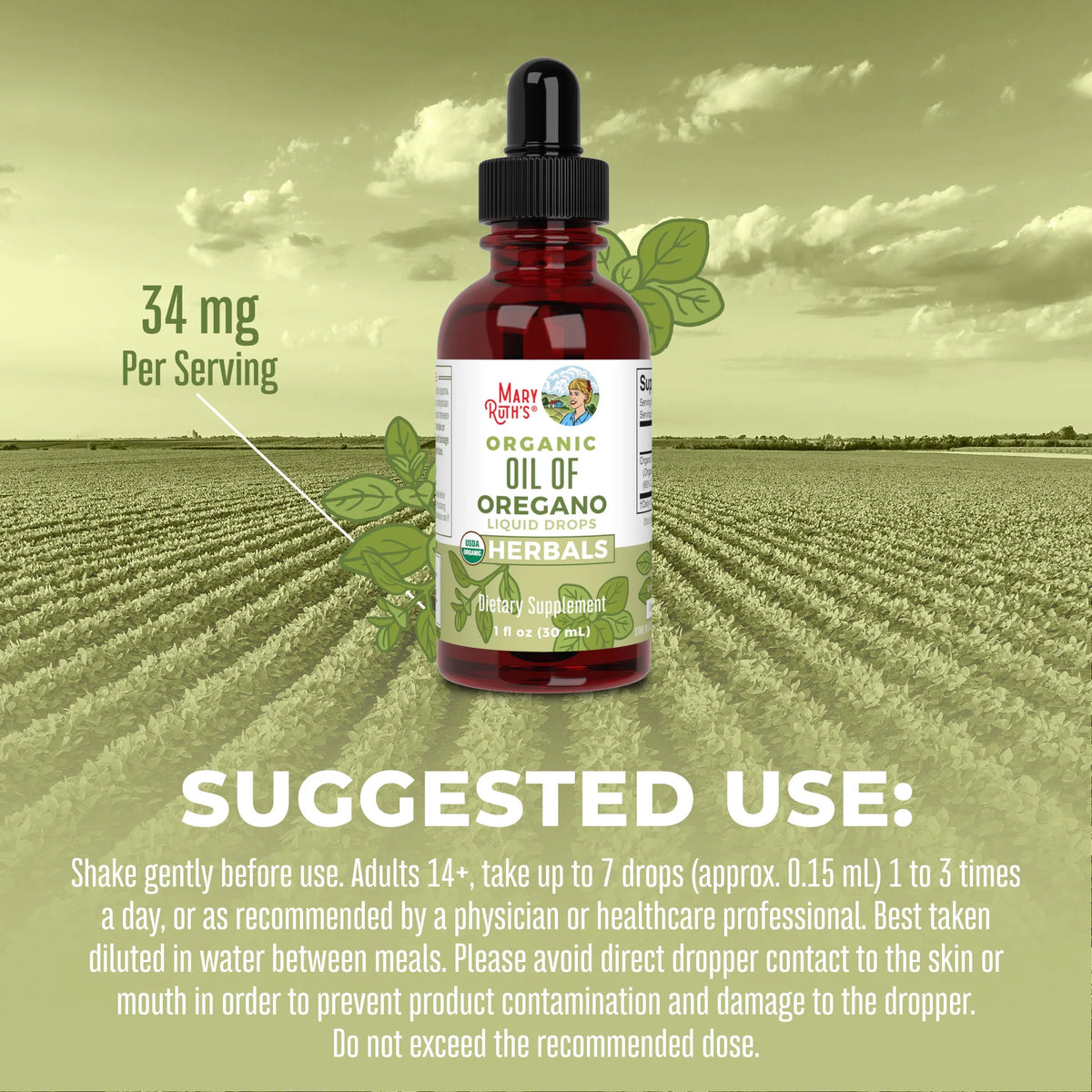 USDA Organic Oil of Oregano Liquid Drops, 1 fl oz / 30ml J3909