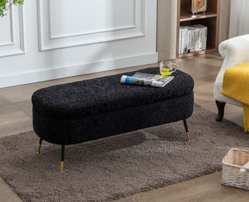 Black Sherpa Storage Ottoman Bench with Metal Legs G144