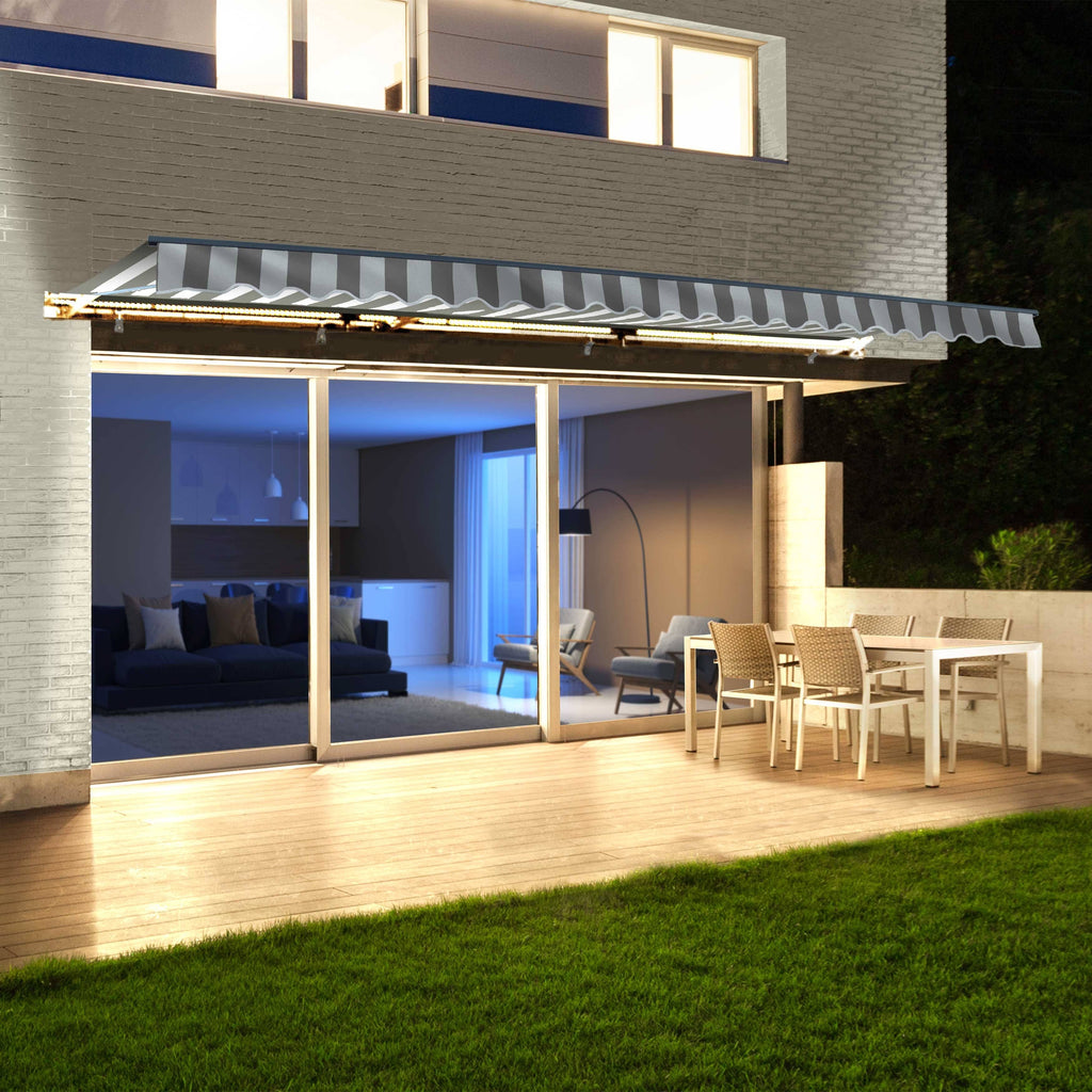 Motorized 10 x 8 ft. Retractable Awning Grey & White Stripes W626