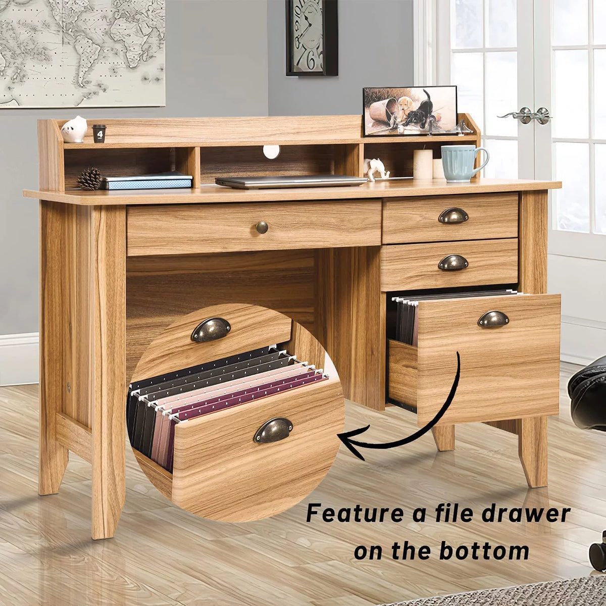 White Oak Computer Desk with Drawers and Hutch Shelf Q8315