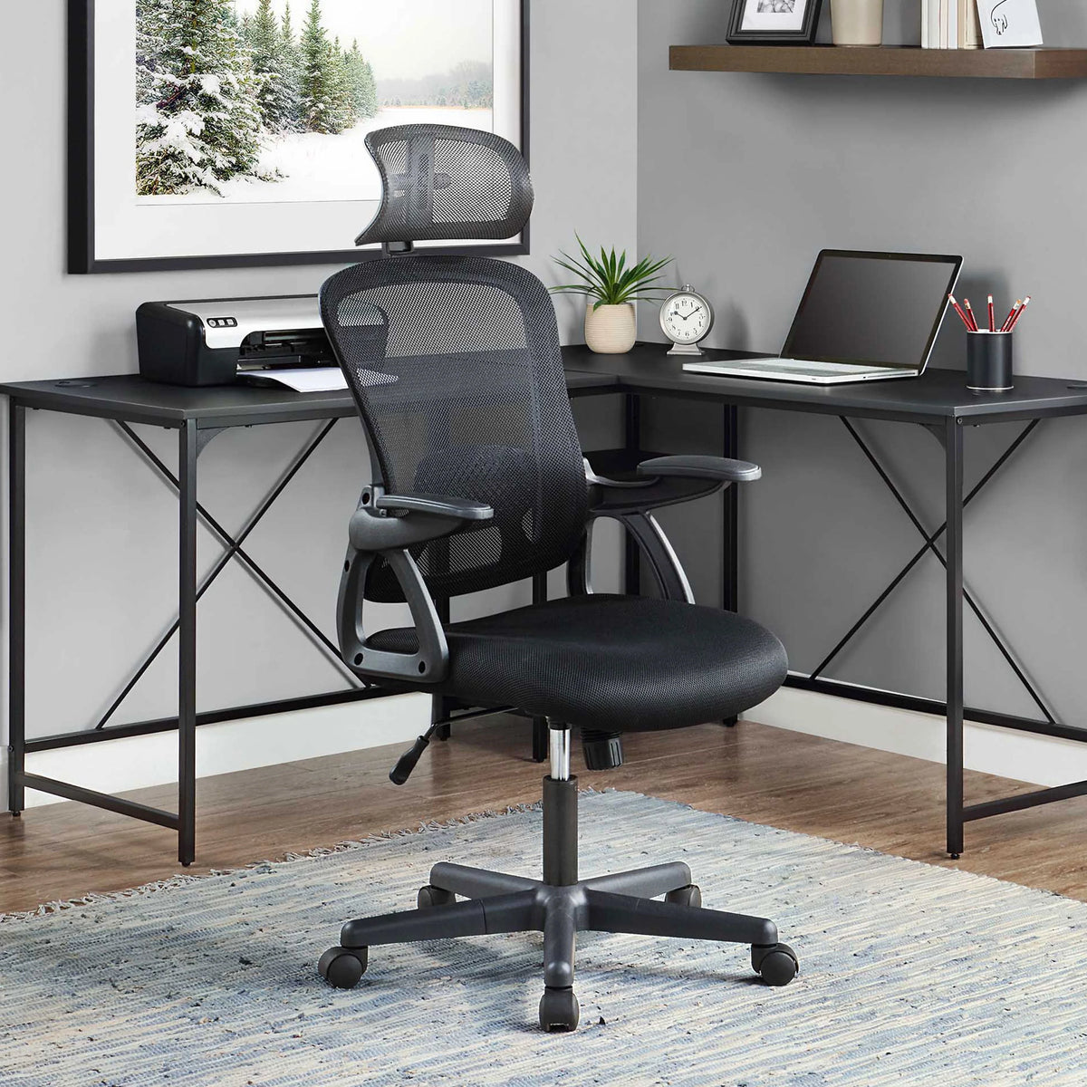 Black Fabric Ergonomic Office Chair with Adjustable Headrest Q531840