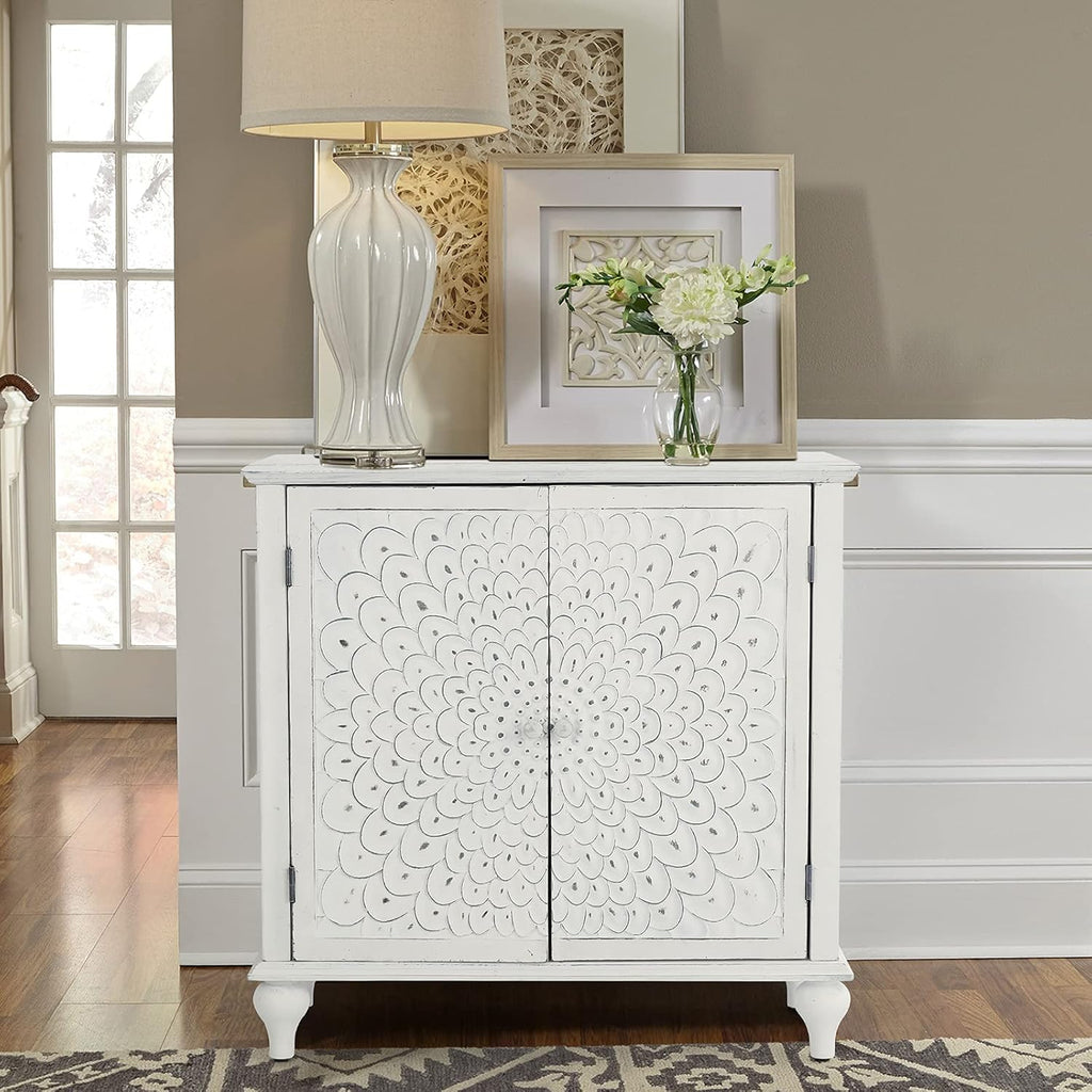 White Buffet & Sideboard Storage Cabinet with 2 Doors, Hollow Carved White B88000