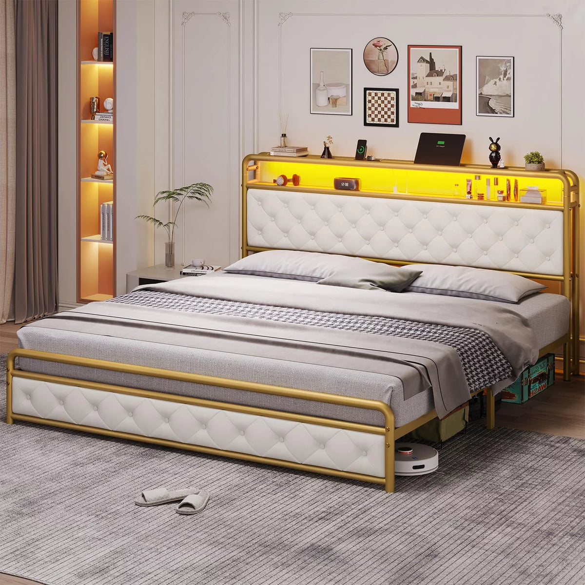 King Bed Frame with Storage Headboard and USB-C Charging Station X291