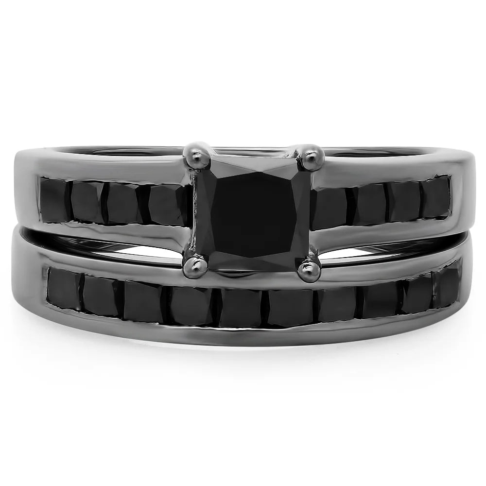 2.35 Carat Black Rhodium Plated Sterling Silver Black Diamond Engagement Ring Set S638344