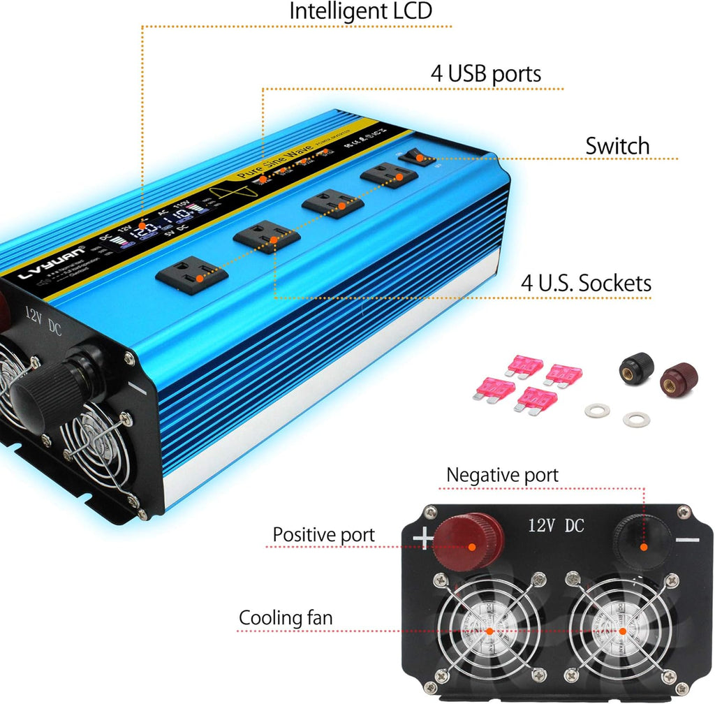 Pure Sine Wave Inverter 2500 Watt 12V to 110V DC to AC with Remote Controller LCD Display 4 AC Sockets 4 USB Charge Ports T525