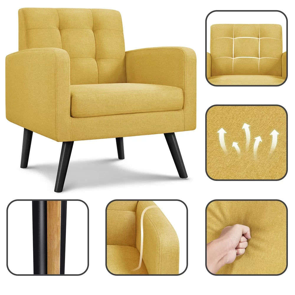 Yellow Tufted Accent Arm Chair with Rubber Wood Leg C497