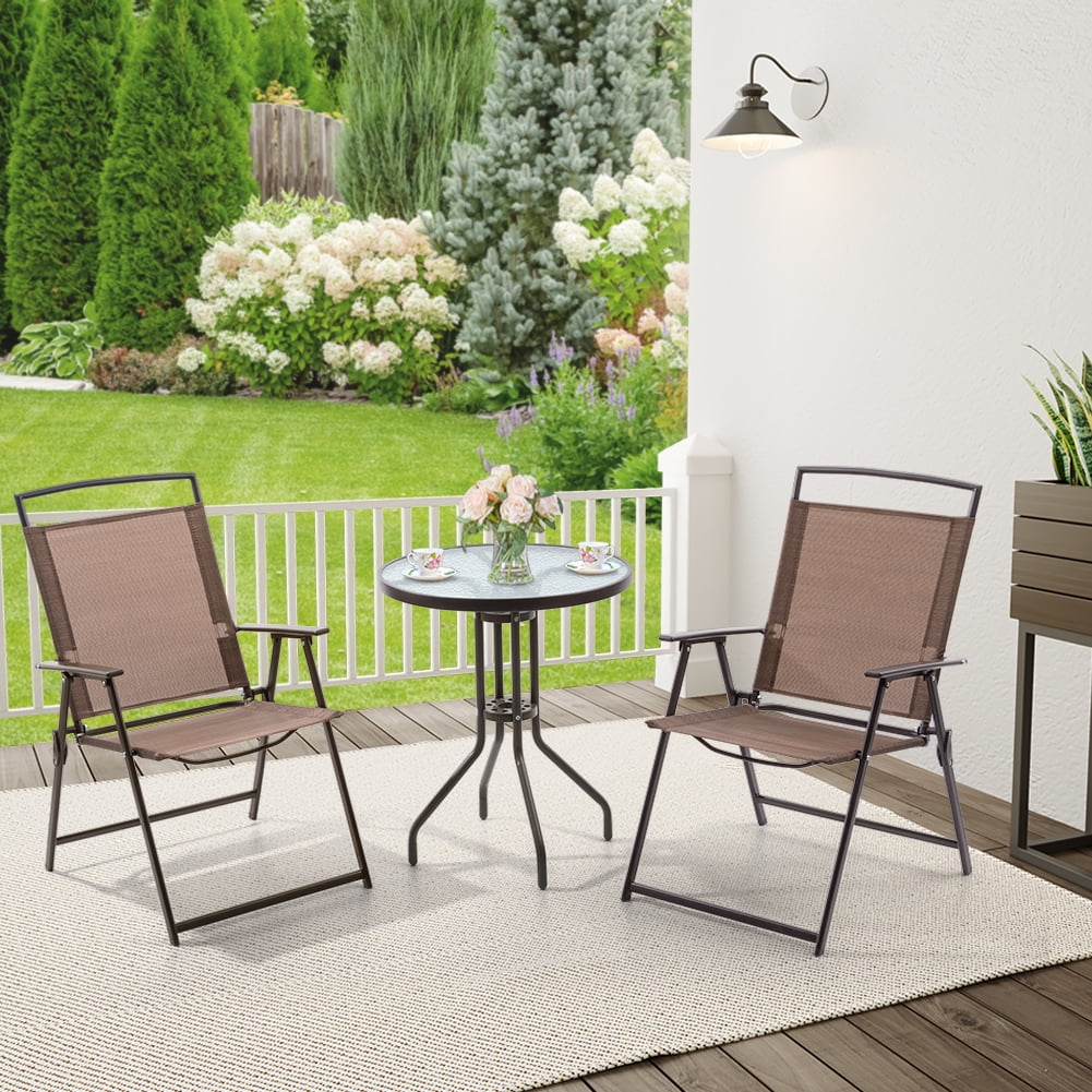 Metal Patio Bistro Table and Folding Chairs Set of 3 Brown F7646