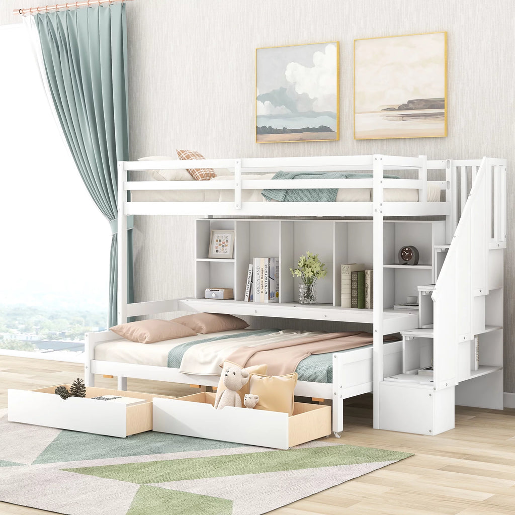 Twin Xl Over Full Bunk Bed with Storage Shelves, Drawers and Staircase, White D822113