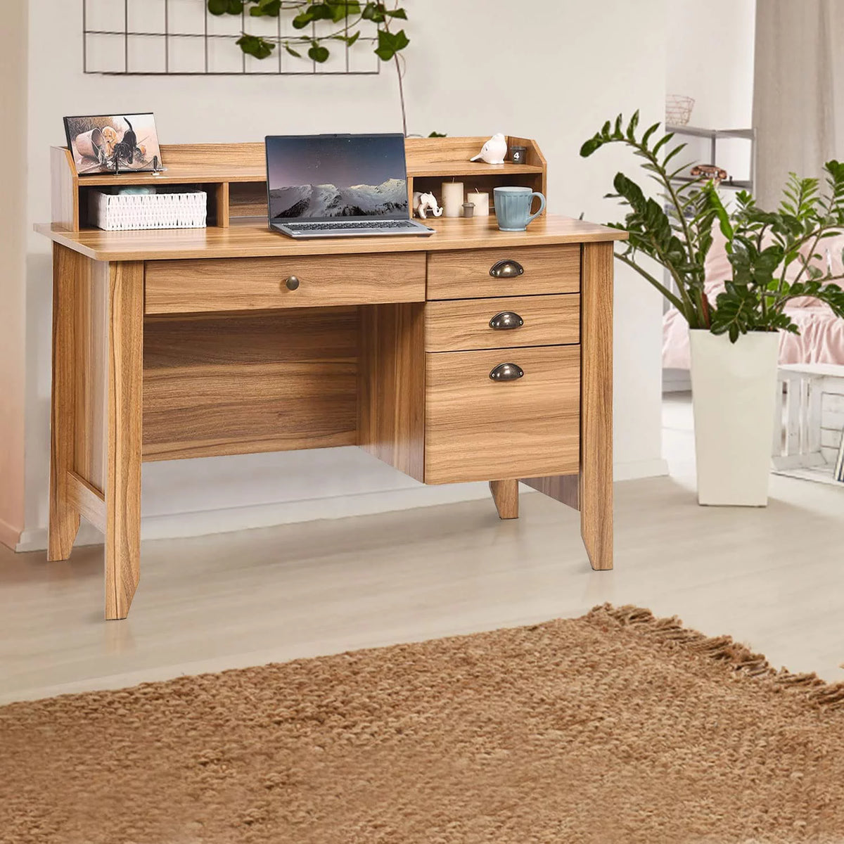 White Oak Computer Desk with Drawers and Hutch Shelf Q8315