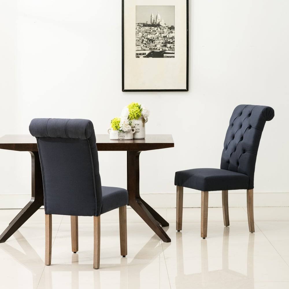 Brown Linen/Wooden Roll-Top Tufted Dining Chair (Set of 2) Z864949