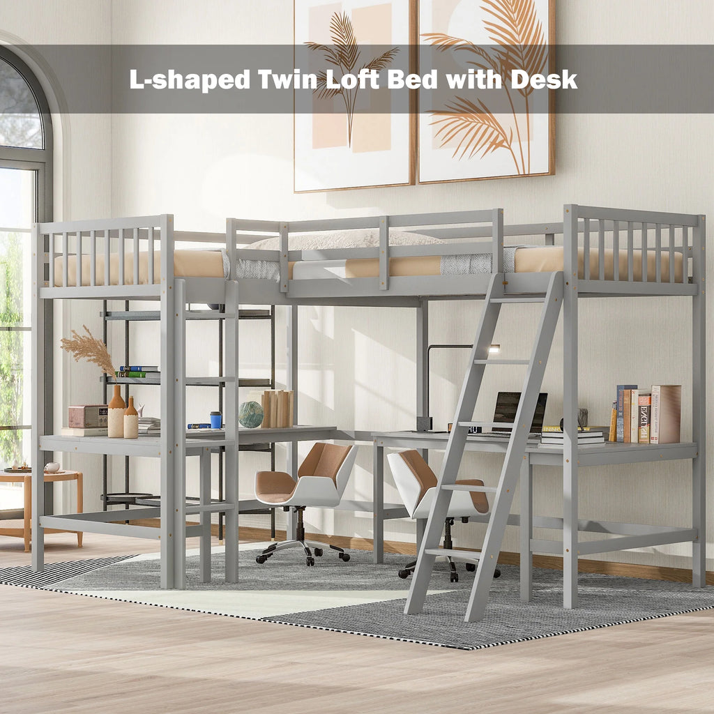 Twin Size L-Shaped Loft Bed with Desk, Ladder and Guardrails L68487