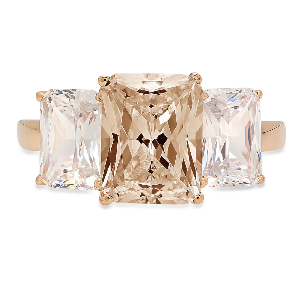 Emerald Cut Brown Champagne Simulated Diamond 18k Yellow Gold 3 Stone Ring Size 3.5 I903