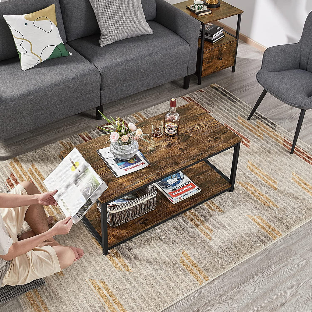 2-Tier Wood Coffee Table with Storage Shelf Metal Frame G997