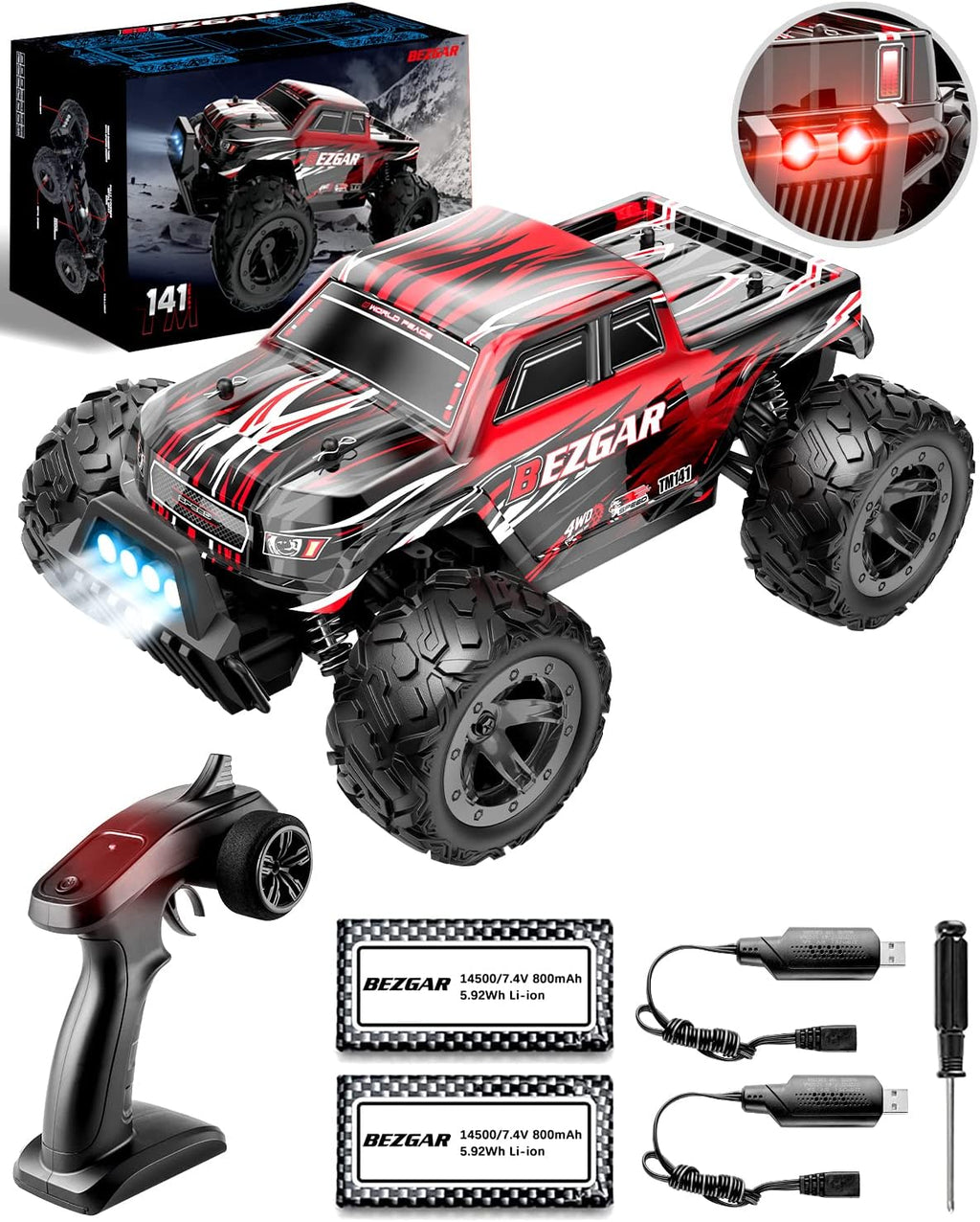 1:14 Scale Remote Control Car, 4WD Electric Toy Off Road RC Monster Truck with Two Rechargeable Batteries J179