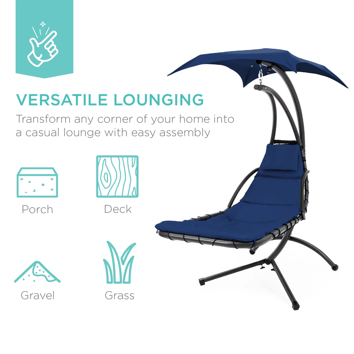 Hanging Curved Chaise Lounge Chair Swing with Pillow, Shade, Stand Navy Blue U9659