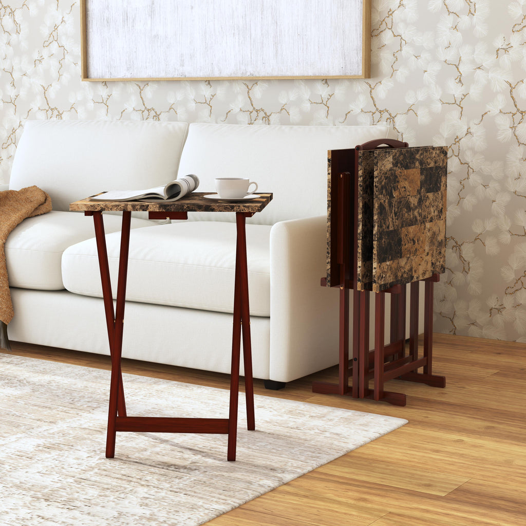 5-piece Faux Marble Folding Snack Tray Table Set I853173