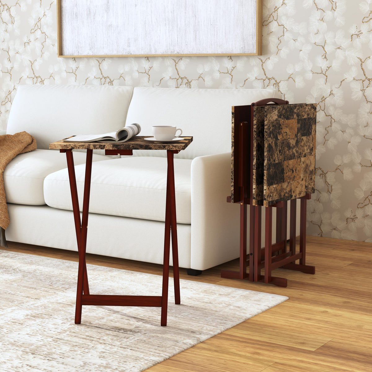 5-piece Faux Marble Folding Snack Tray Table Set I853173