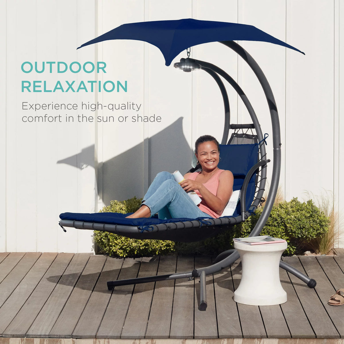 Hanging Curved Chaise Lounge Chair Swing with Pillow, Shade, Stand Navy Blue U9659